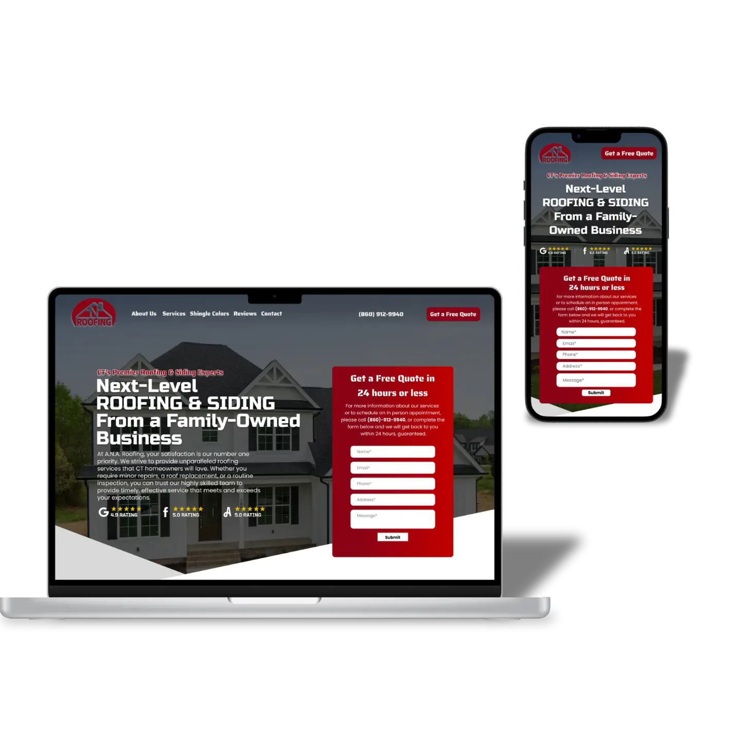 ANA Roofing Example site, built by NorthHaus LLC.