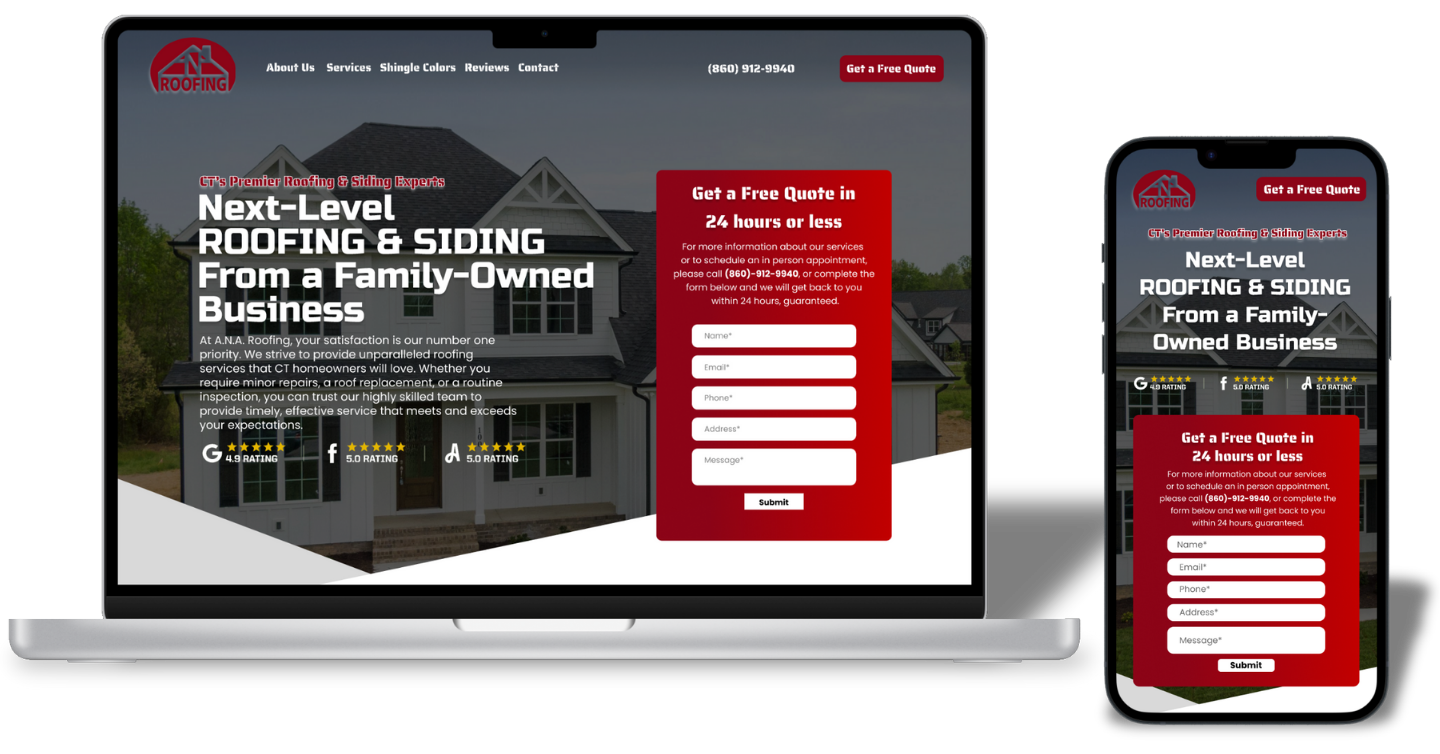 Roofing website example shown on laptop and phone